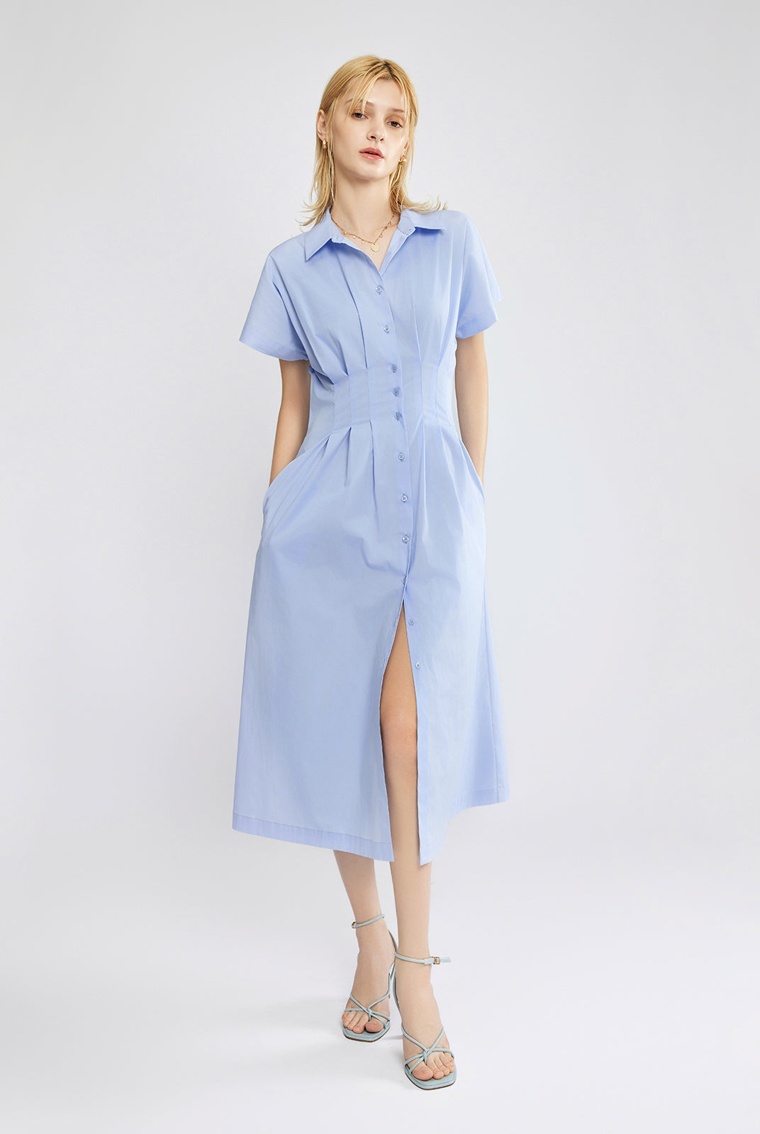 Button-Front Pleated Midi Shirt Dress