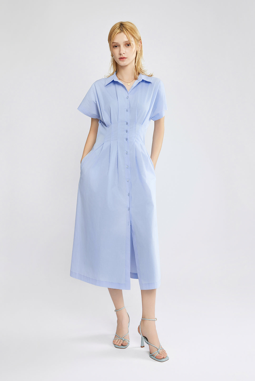Button-Front Pleated Midi Shirt Dress