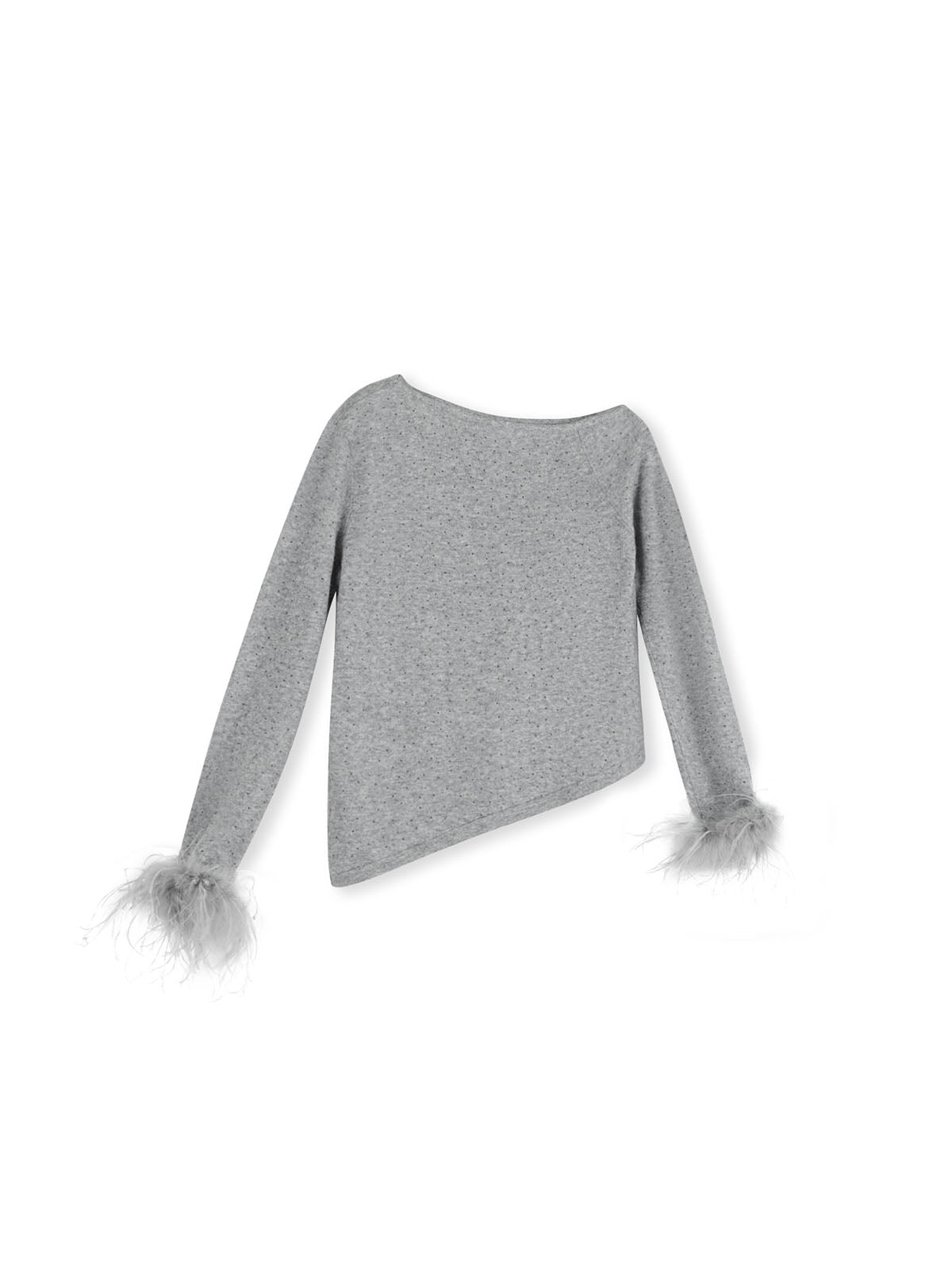 ASOBIO One-Shoulder Crystal Knit Sweater with Feather Cuffs