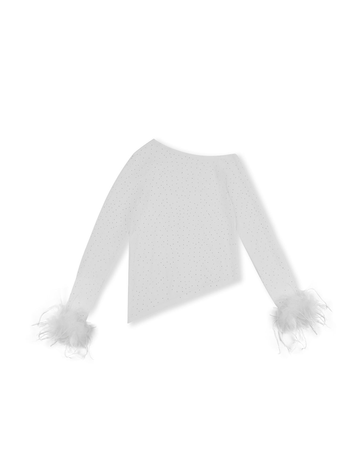 ASOBIO One-Shoulder Crystal Knit Sweater with Feather Cuffs