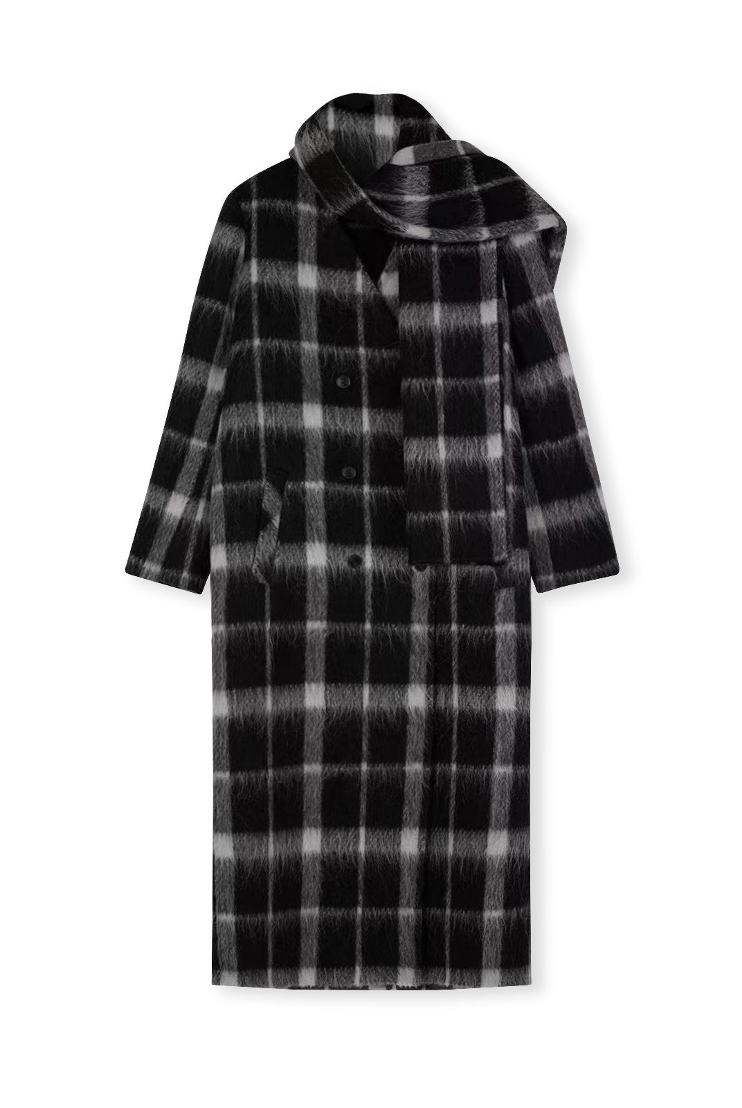 ASOBIO Checked Double-Faced Wool Long Coat with Removable Scarf