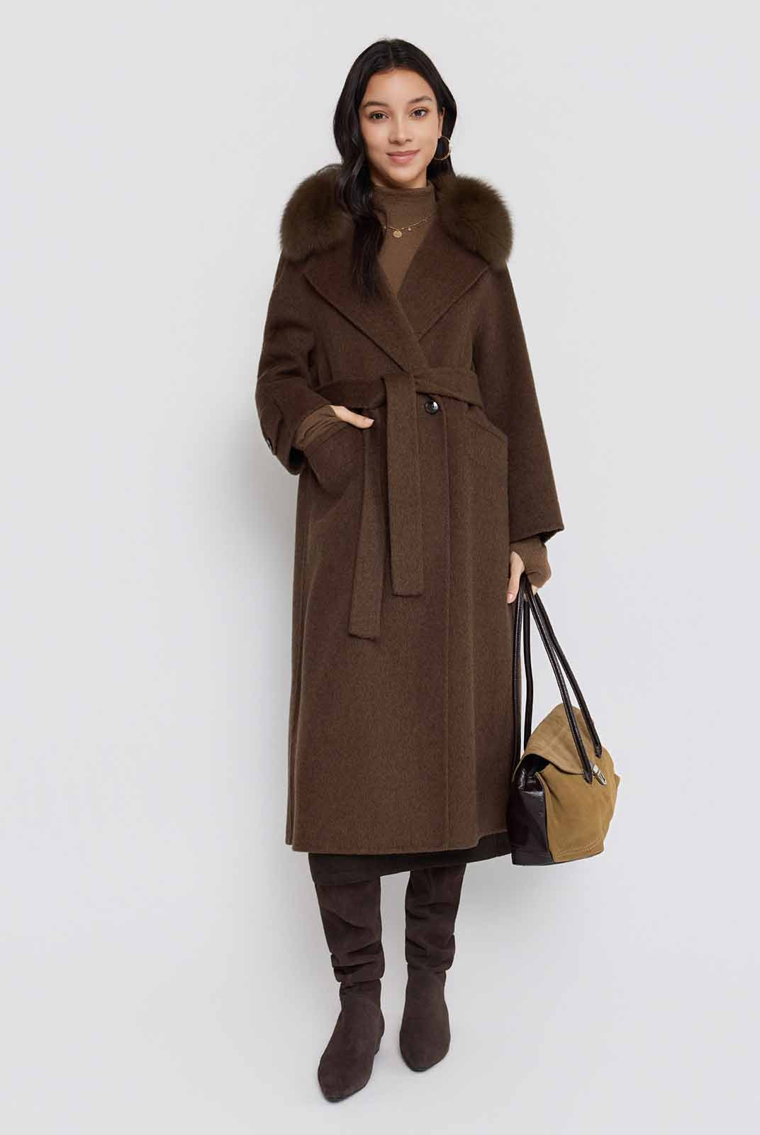 ASOBIO Wool Coat with Detachable Fox Fur Collar