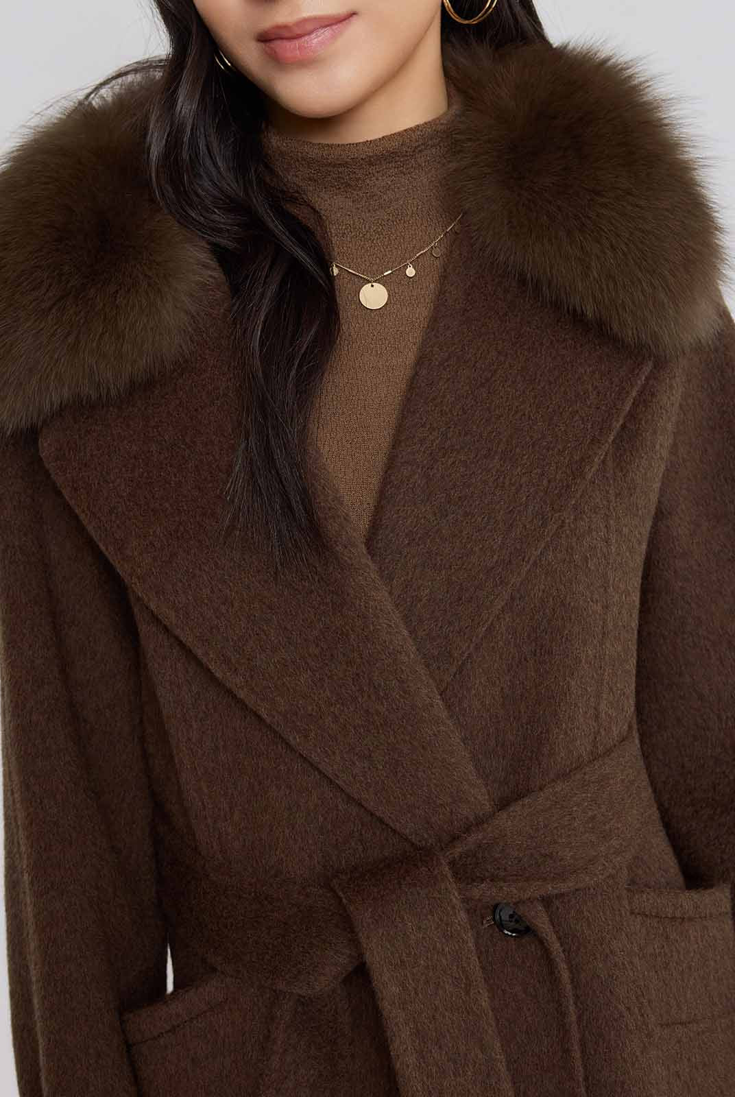 ASOBIO Wool Coat with Detachable Fox Fur Collar