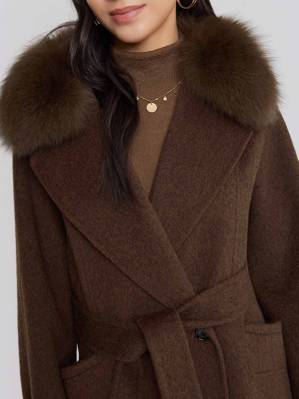 ASOBIO Wool Coat with Detachable Fox Fur Collar