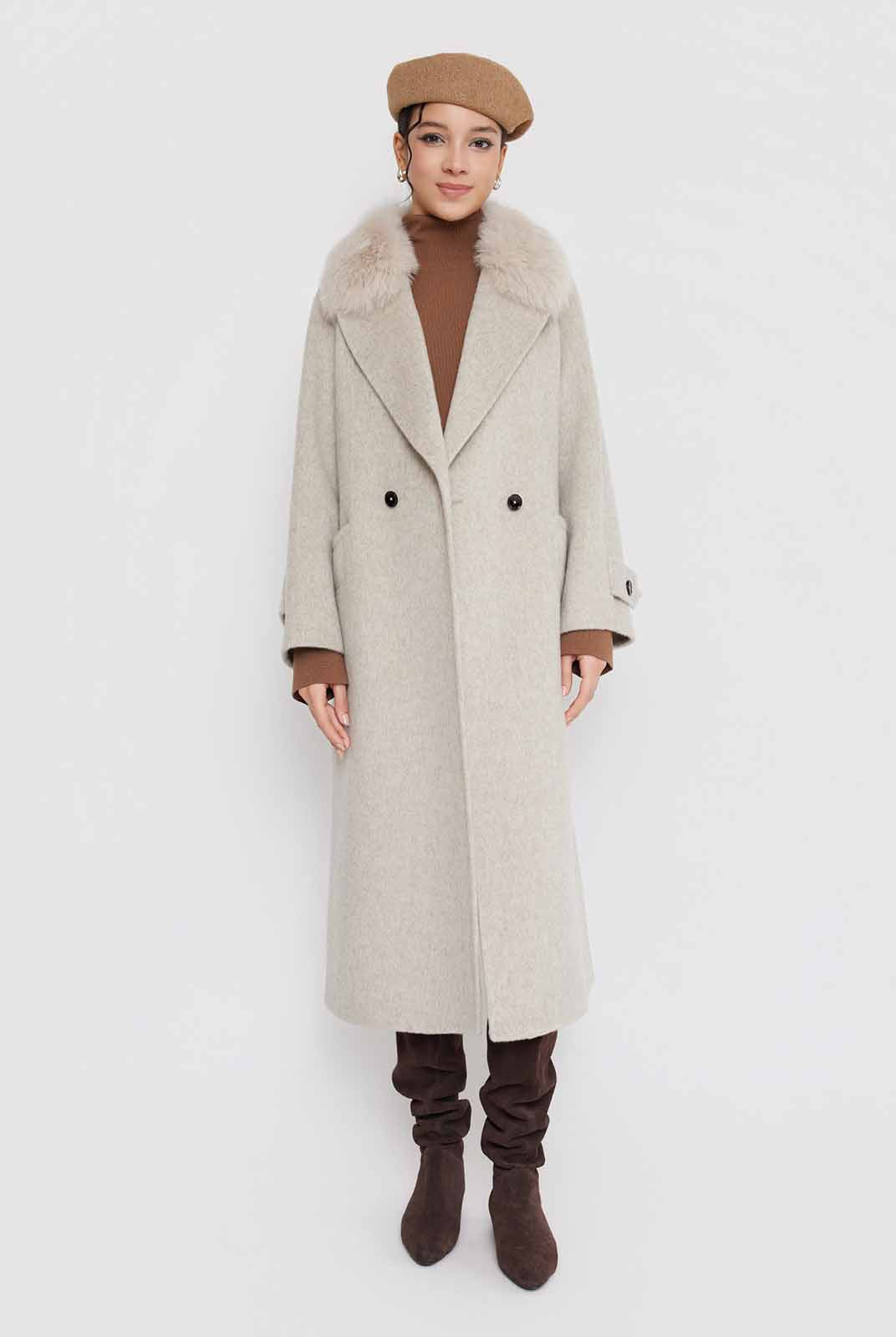 ASOBIO Wool Coat with Detachable Fox Fur Collar
