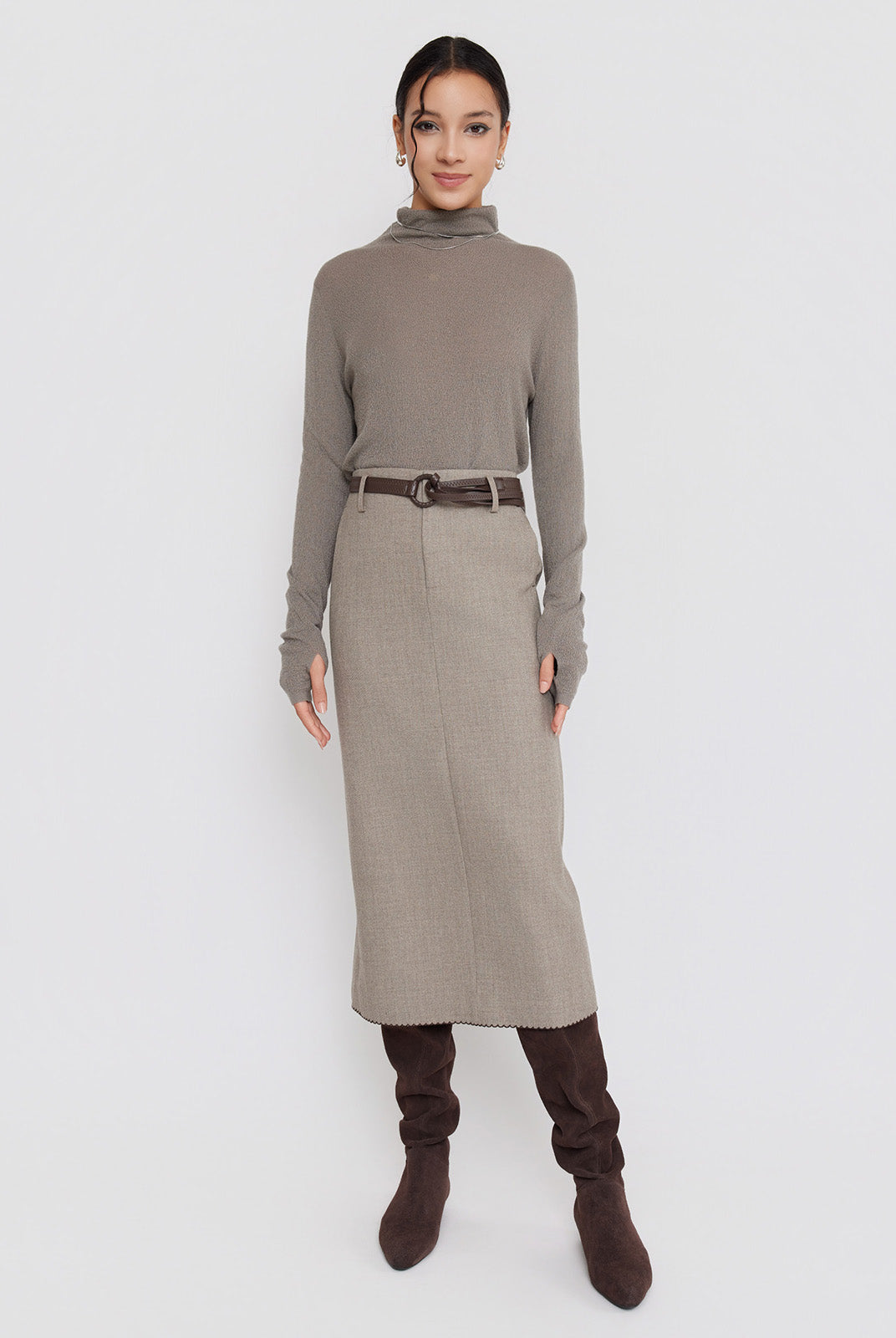 ASOBIO High-Waist Belted Midi Skirt