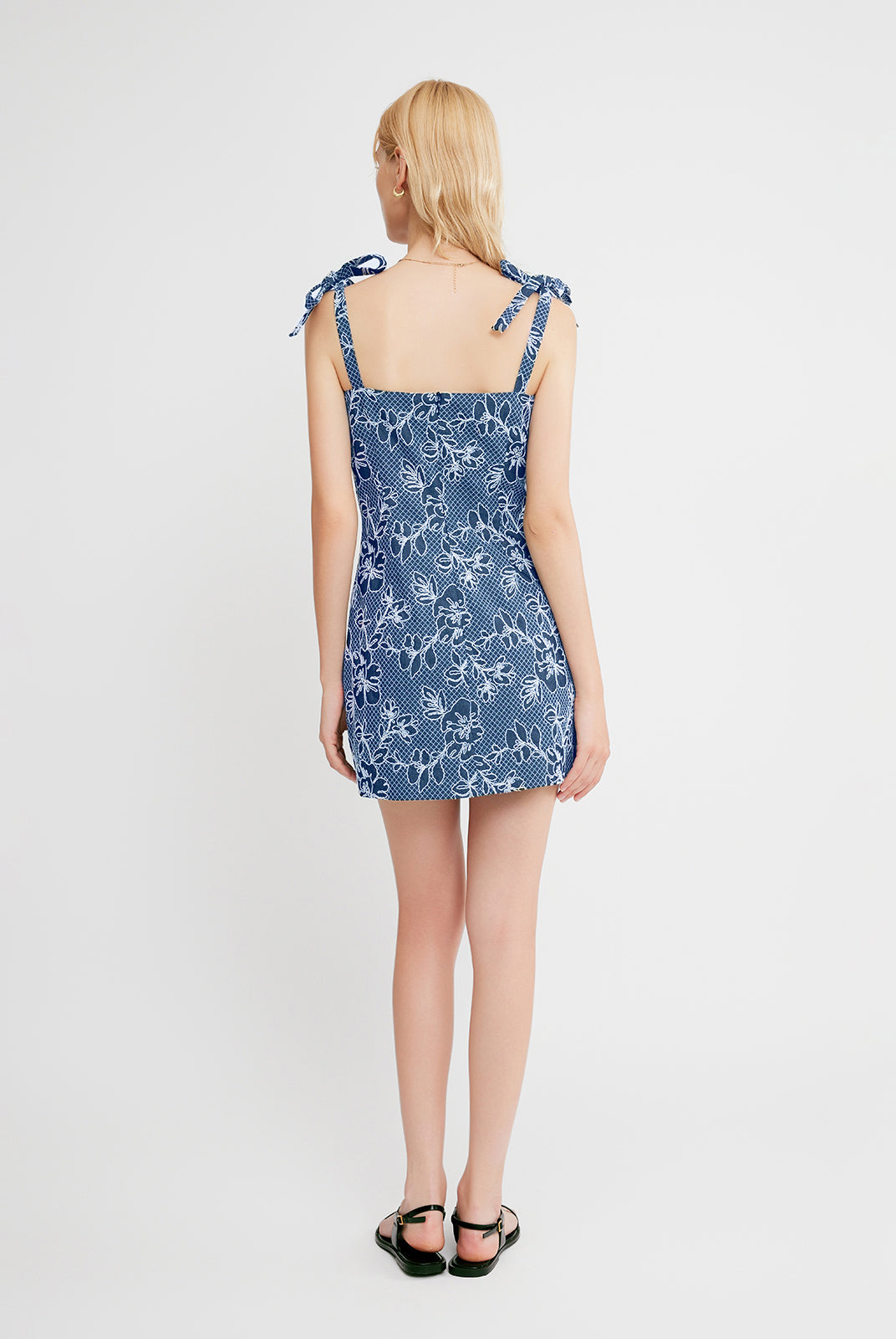 ASOBIO Embroidered Tie-Strap Mini Dress