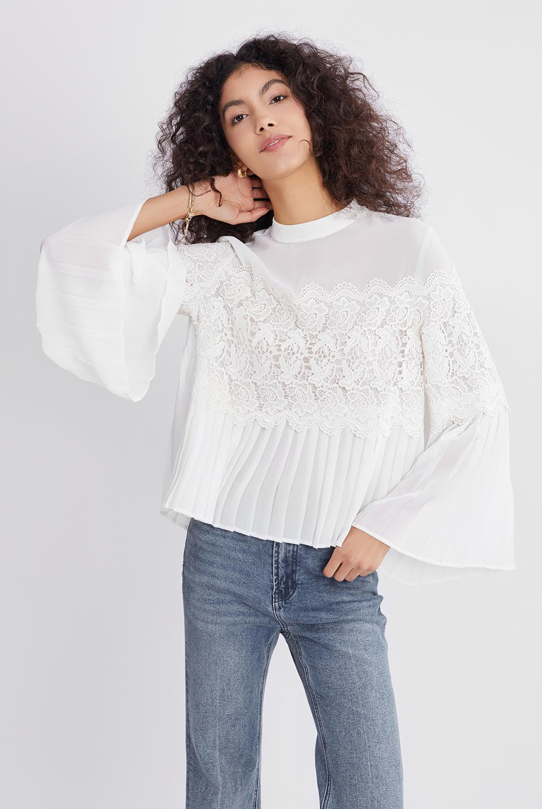 ASOBIO Pleated Chiffon Lace-Panel Blouse