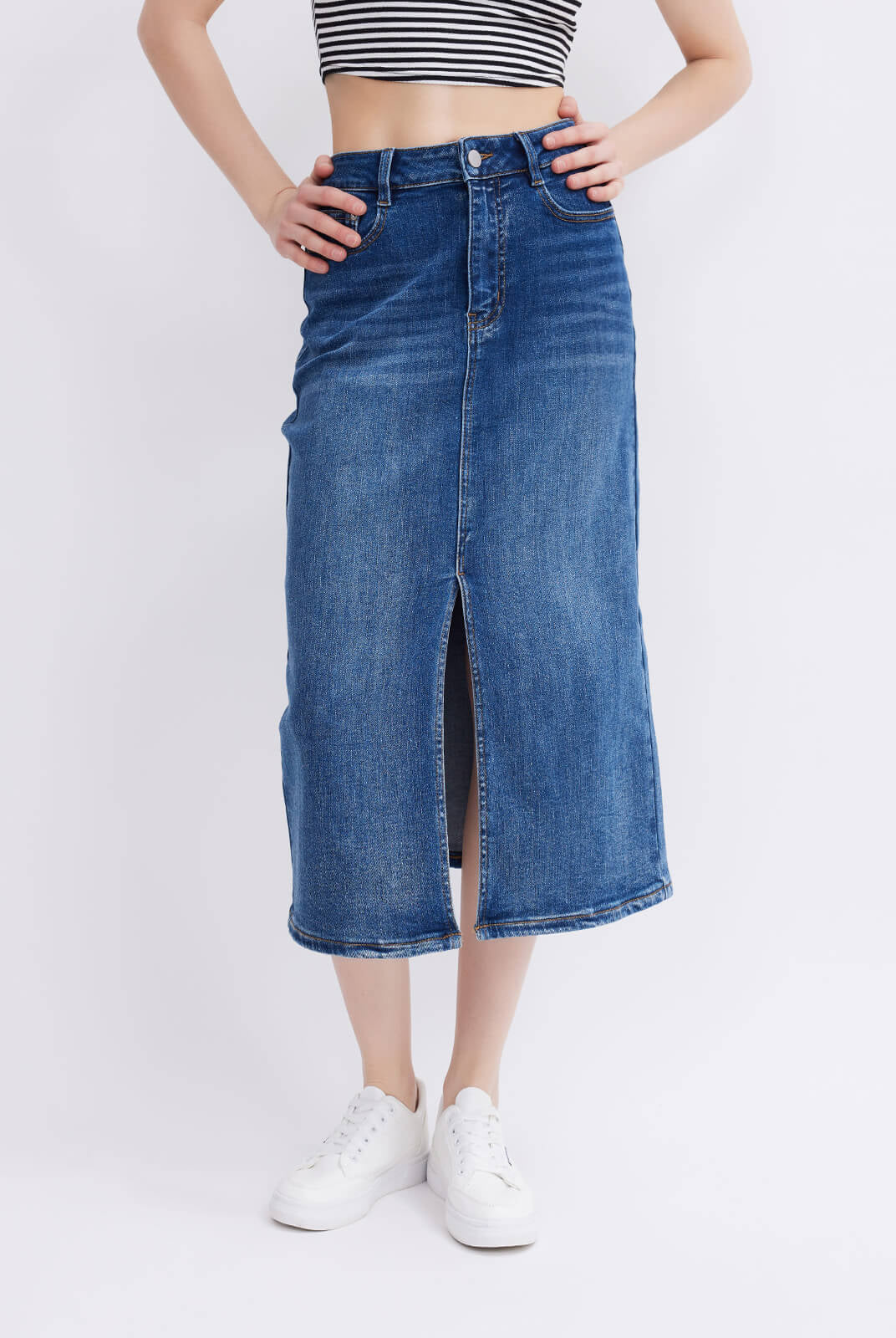 Medium Wash Long Denim Skirt