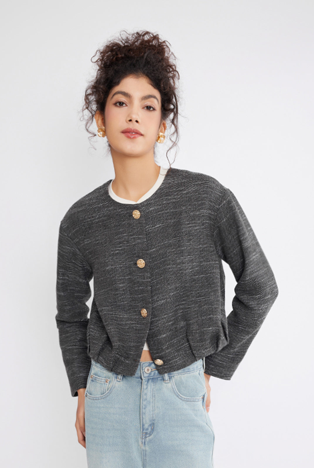 ASOBIO Cropped Tweed Jacket with Pleated Hem