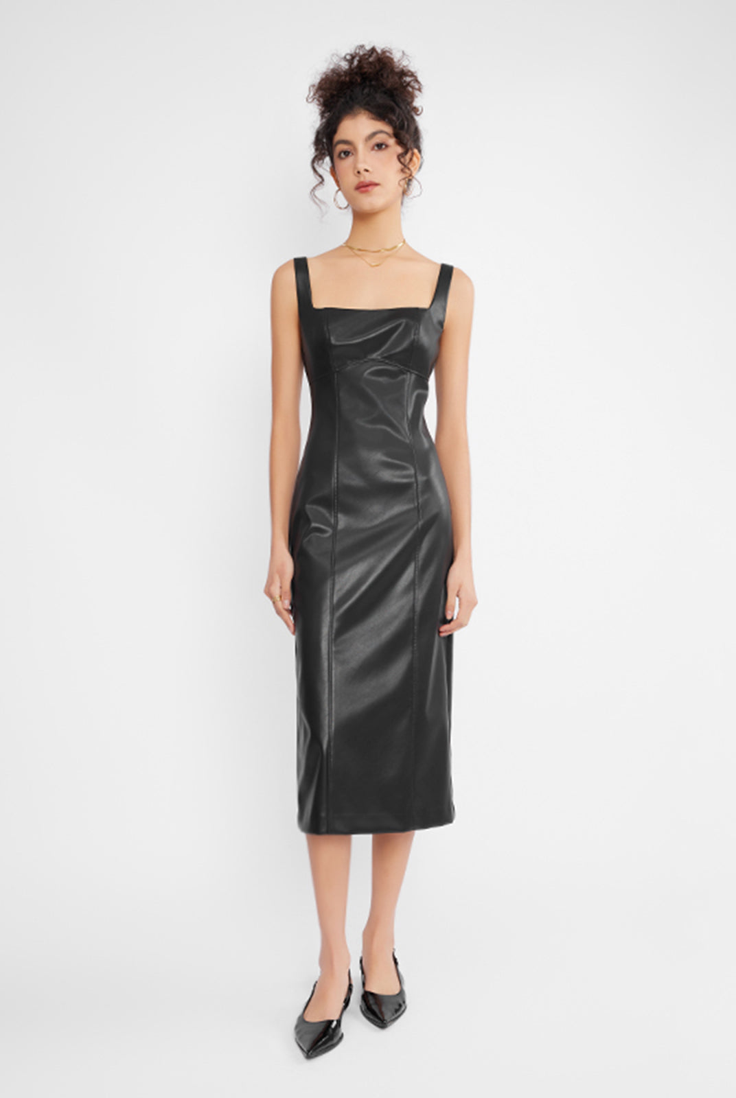 ASOBIO Square Neck Faux Leather Midi Dress