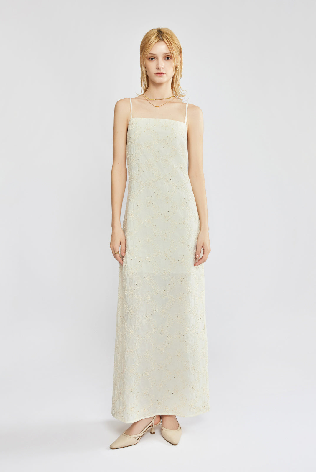 Embroidered Cut Work Cami Column Maxi Dress