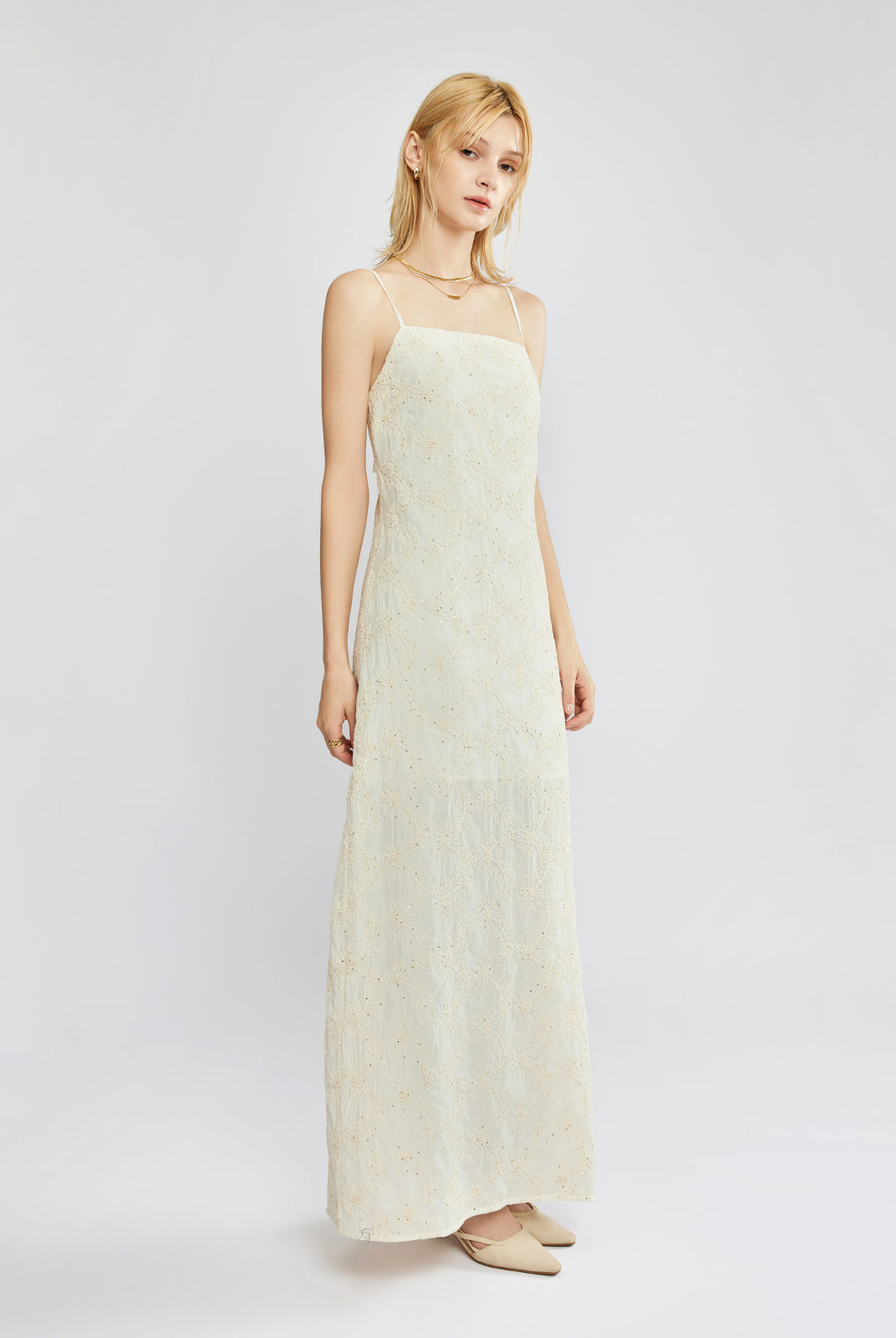 Embroidered Cut Work Cami Column Maxi Dress