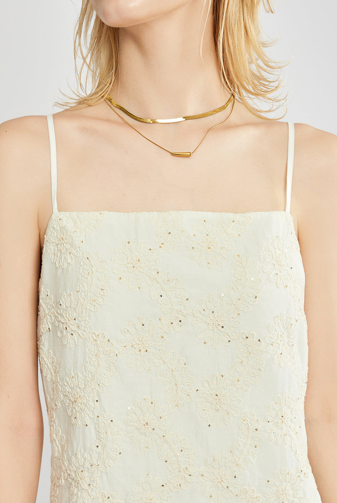 Embroidered Cut Work Cami Column Maxi Dress