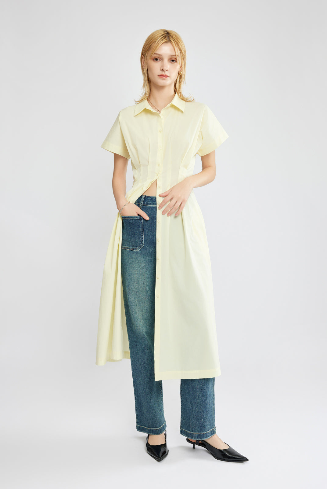 Button-Front Pleated Midi Shirt Dress