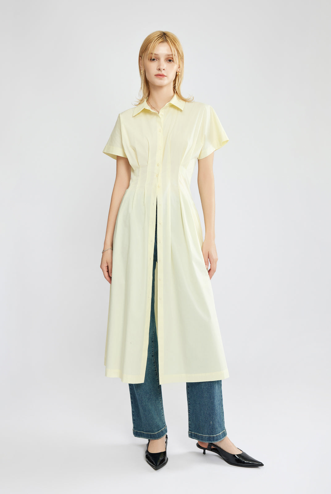 Button-Front Pleated Midi Shirt Dress