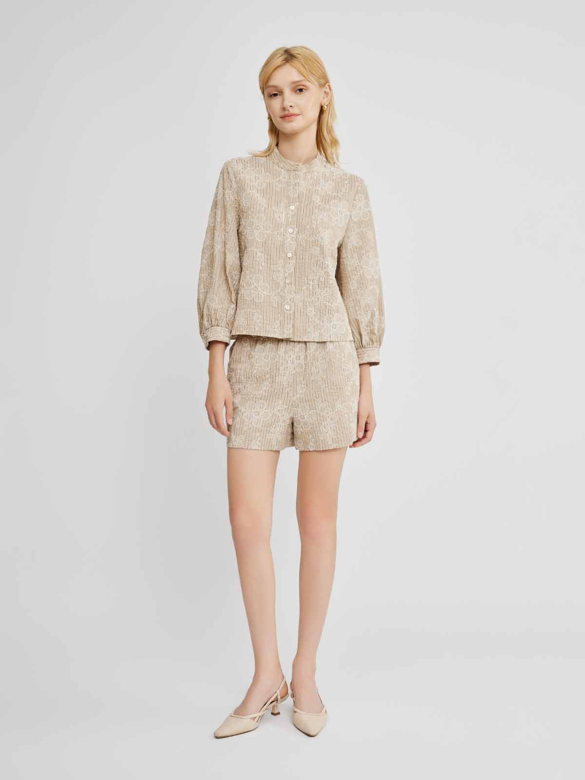 Stand-Collar Puff-Sleeve Shirt