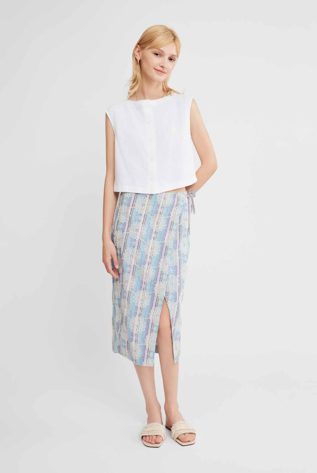 Striped Embroidered Wrap Skirt