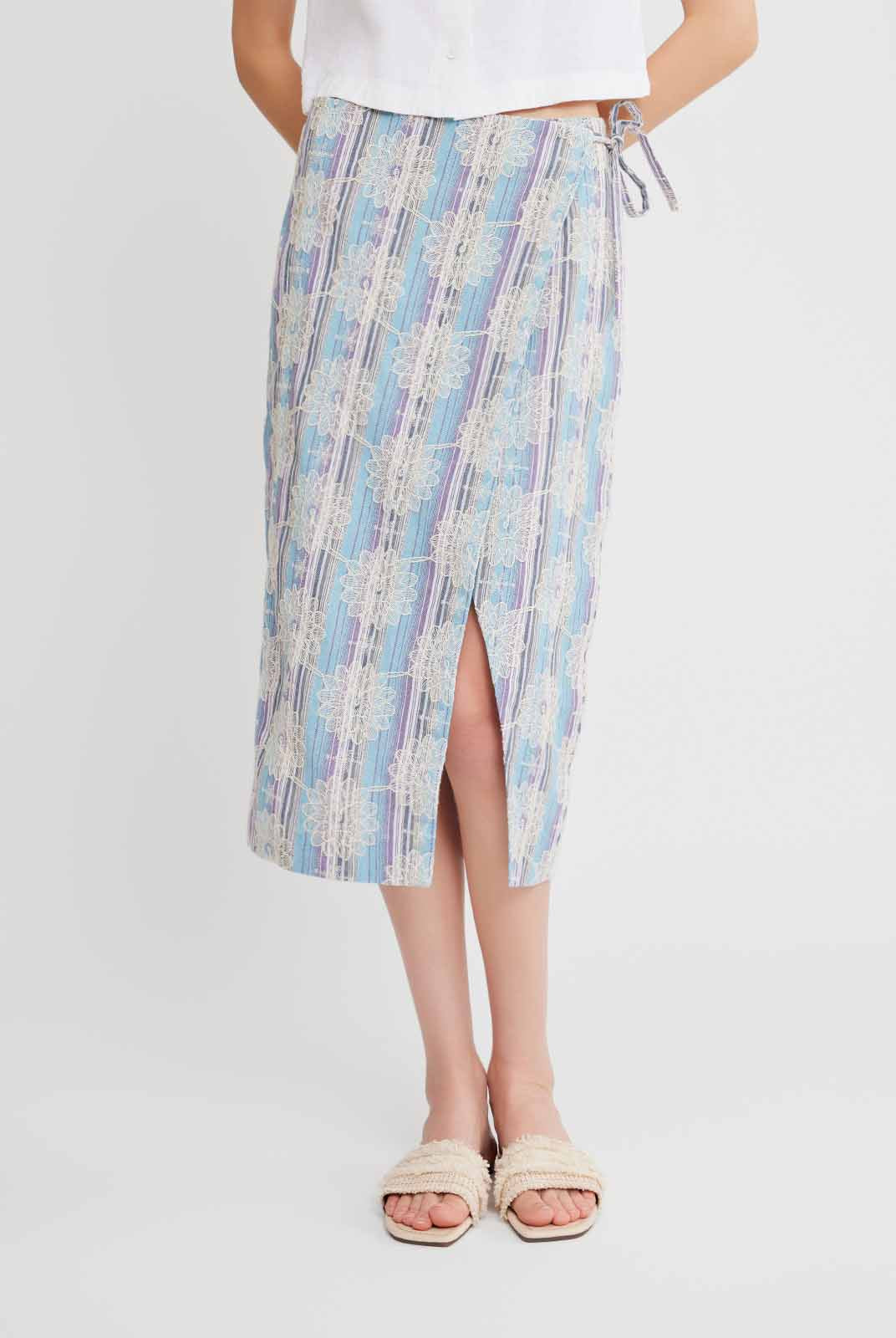 Striped Embroidered Wrap Skirt