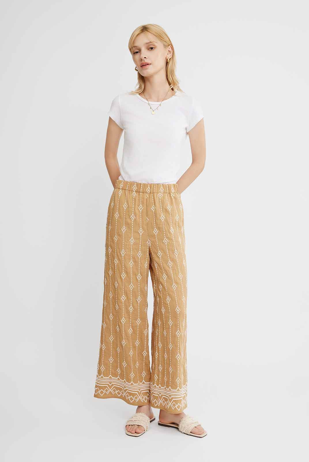 ASOBIO Embroidered Linen Wide-Leg Pants