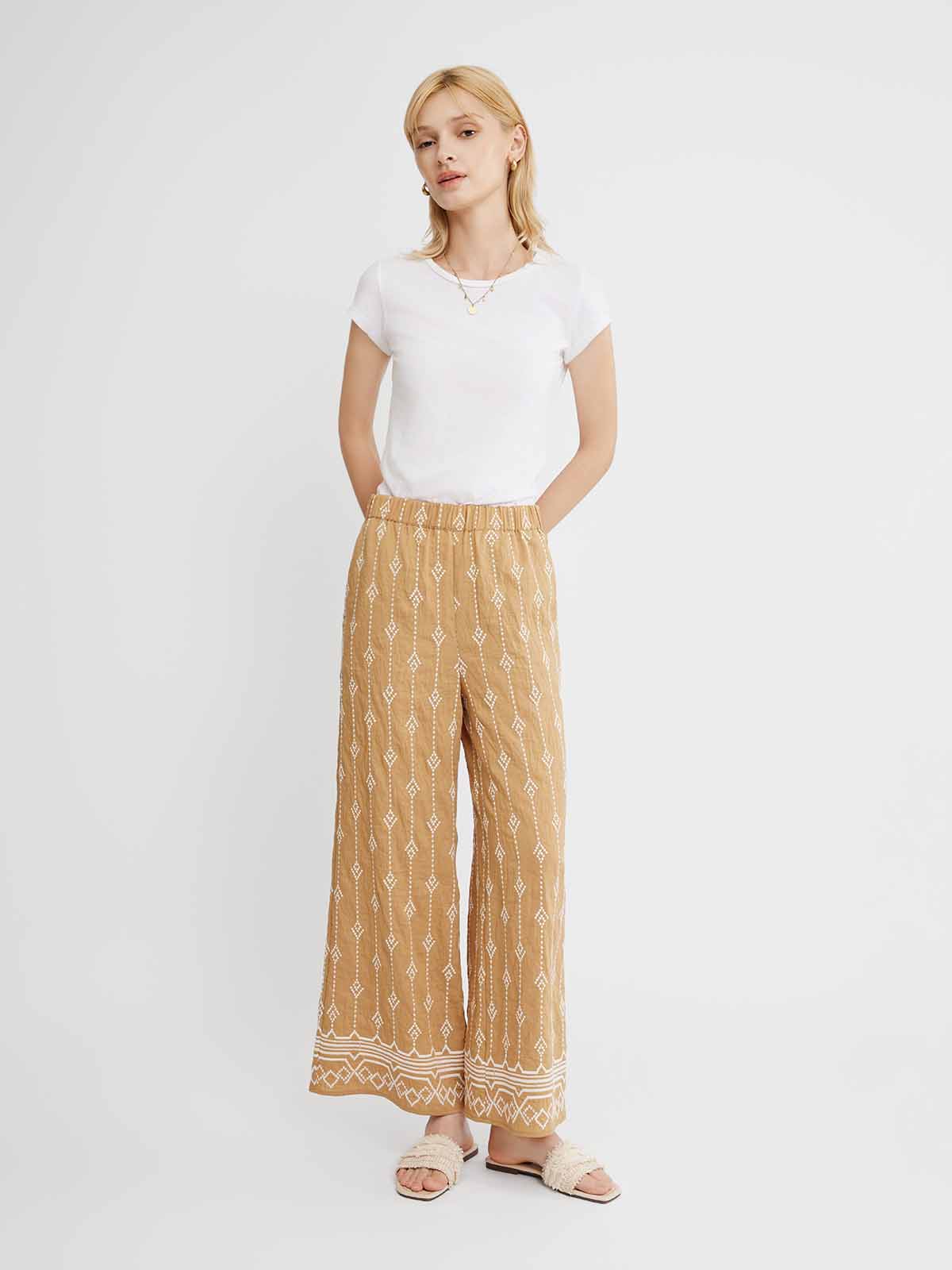 ASOBIO Embroidered Linen Wide-Leg Pants