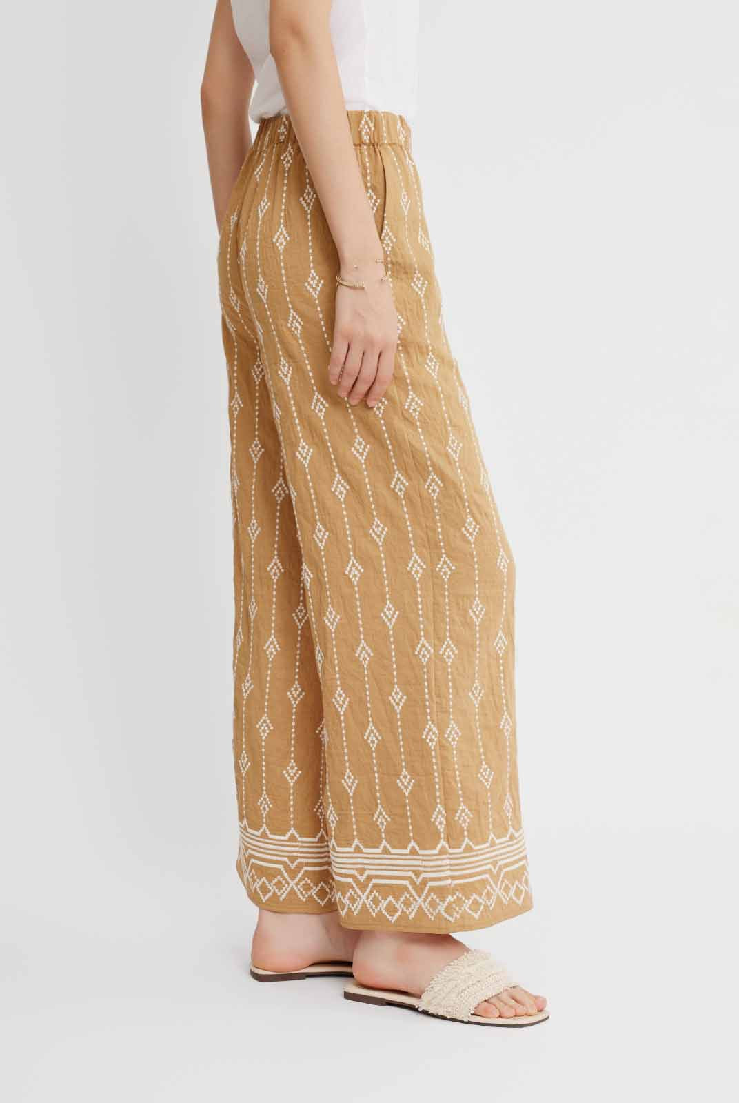 Embroidered Linen Wide-Leg Pants