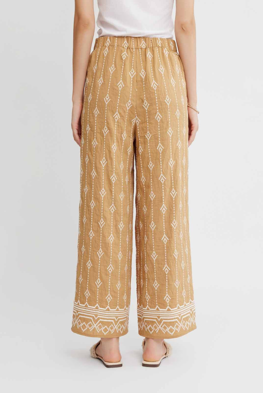 Embroidered Linen Wide-Leg Pants