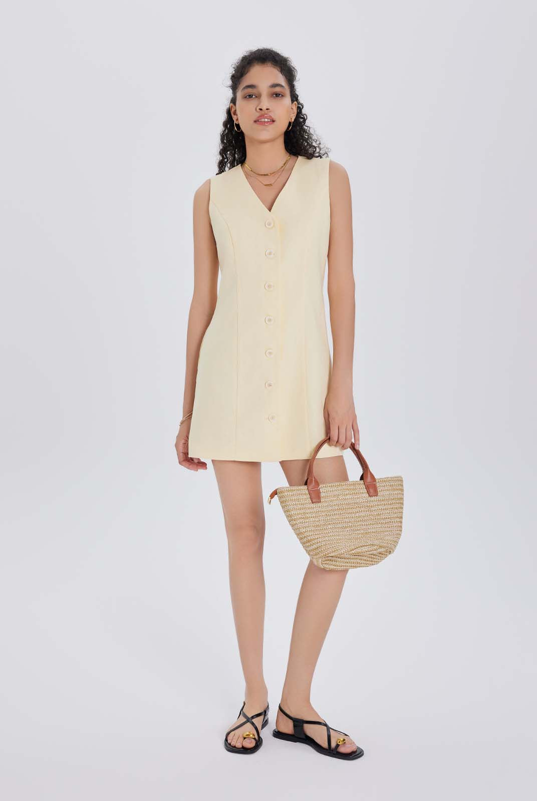 100% Linen Button-Up Linen Vest Mini Dress
