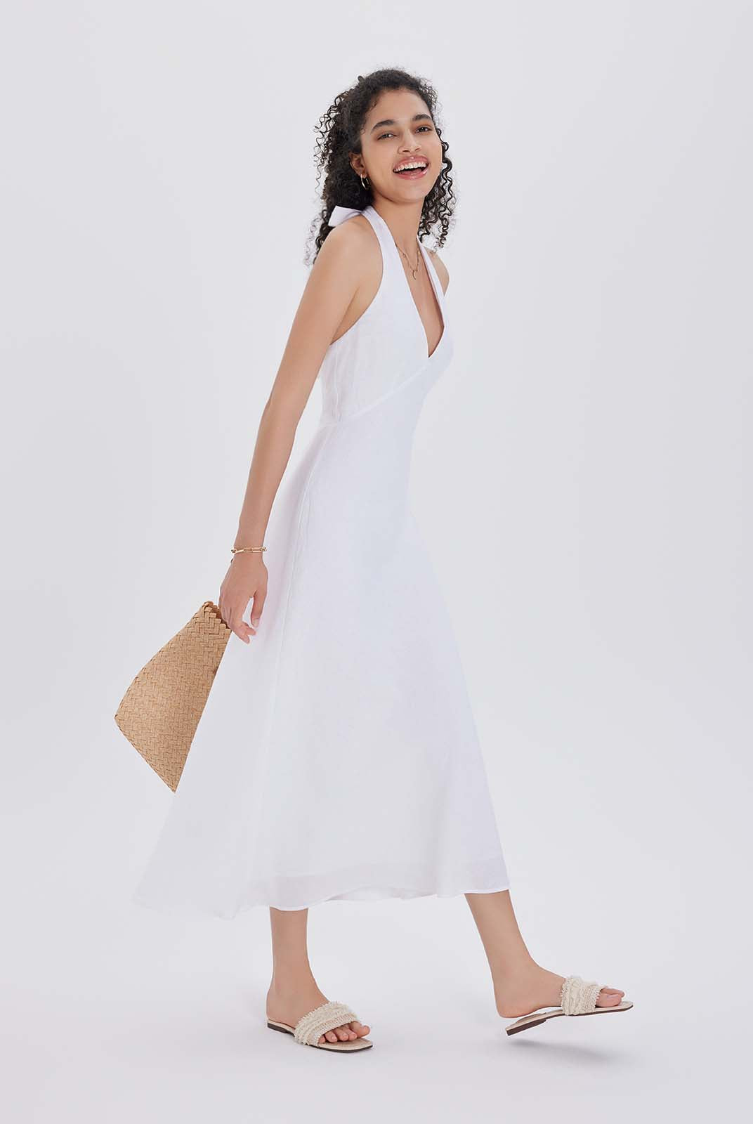 Linen Halter V-Neck Midi Dress