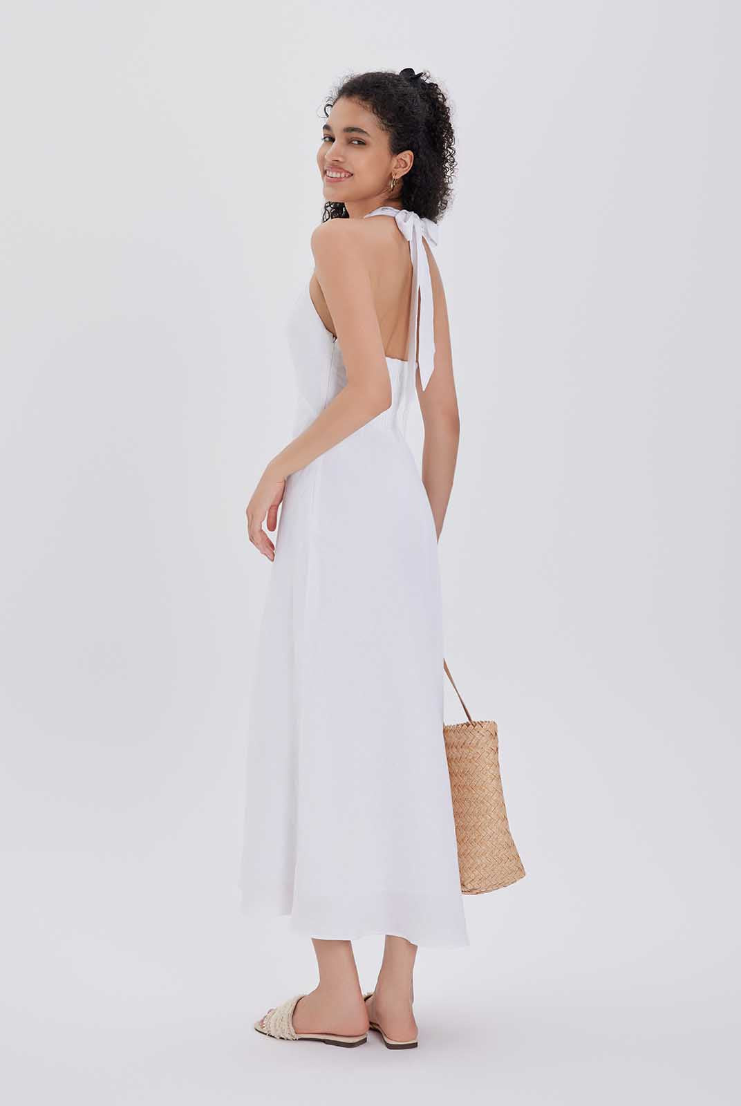 Linen Halter V-Neck Midi Dress