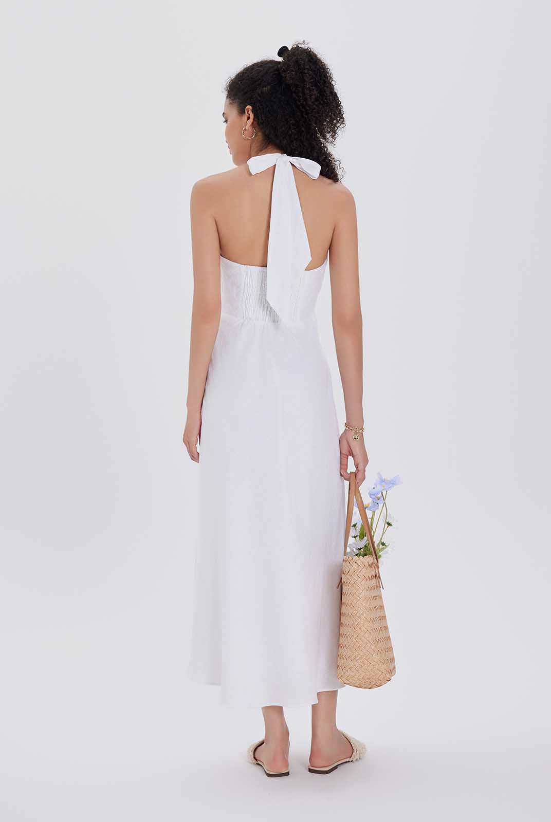 Linen Halter V-Neck Midi Dress