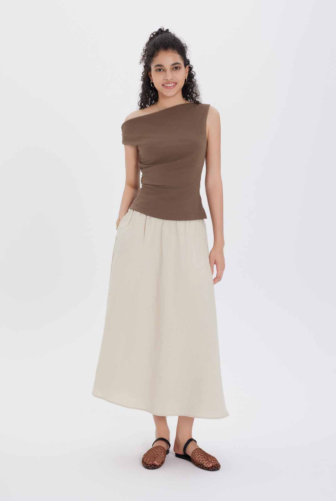 ASOBIO Linen-Blend A-Line Midi Skirt