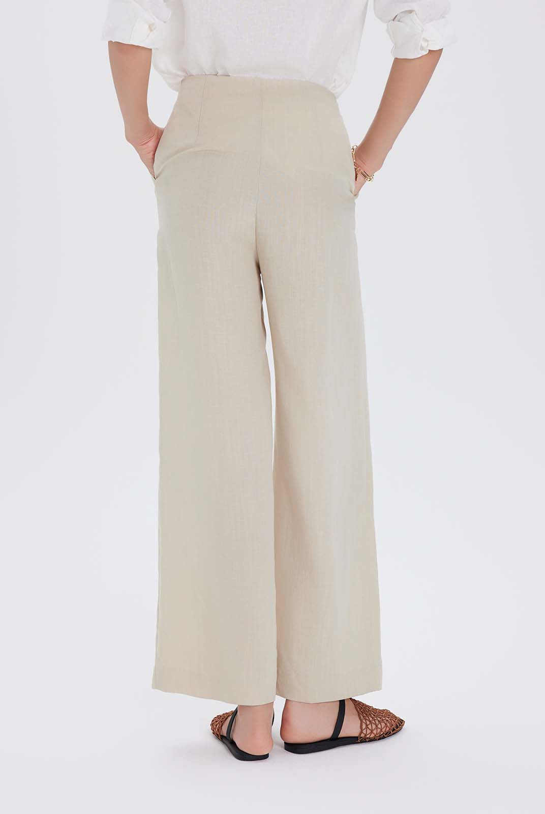 Person wearing beige wide-leg pants and a white top