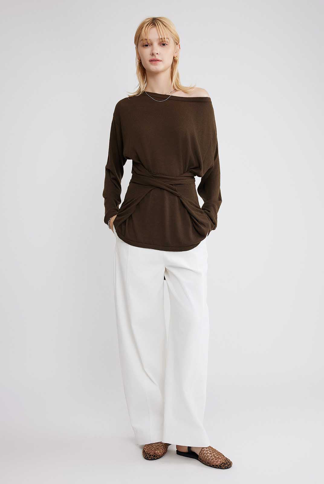 ASOBIO Wool Blend Wide Neck Knit Top