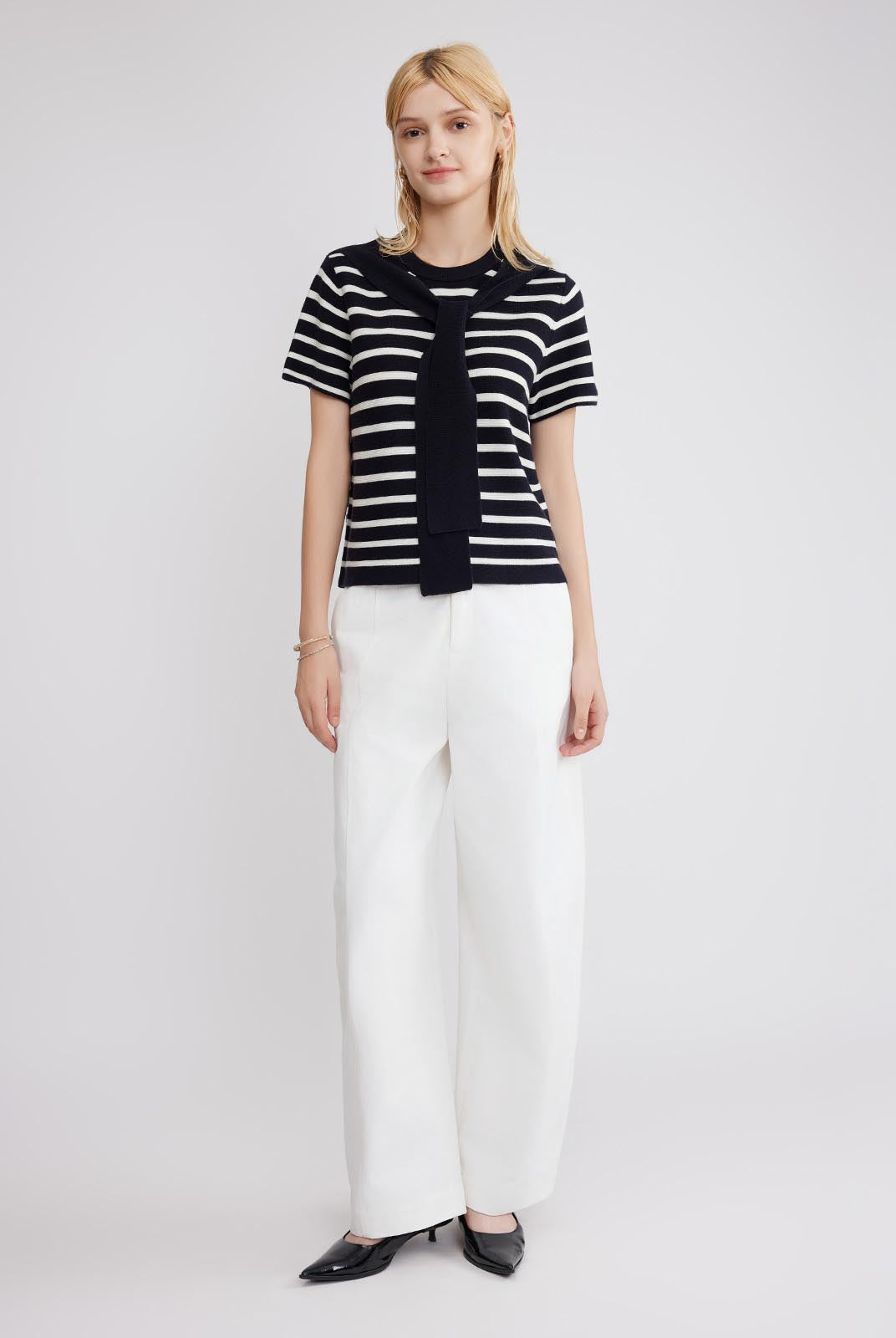 ASOBIO Wool Blend Striped Knit Top with Scarf Detail