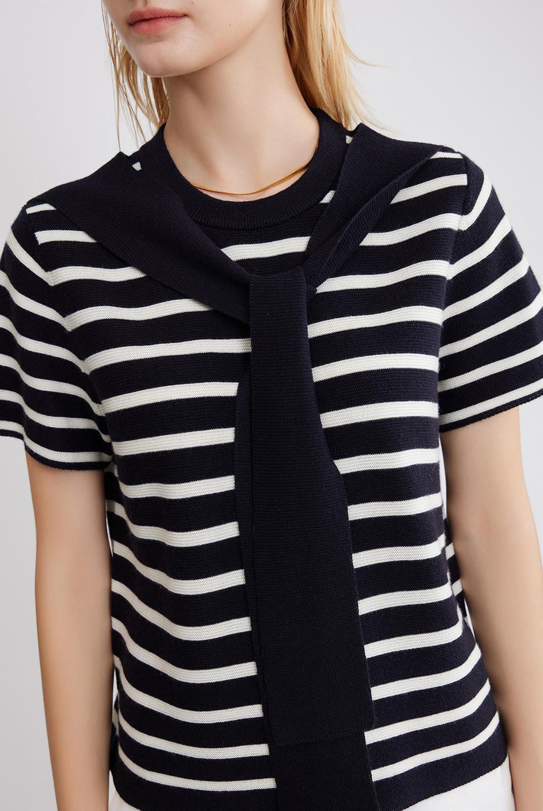 ASOBIO Wool Blend Striped Knit Top with Scarf Detail