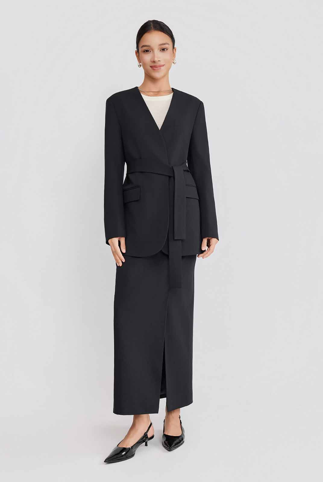 ASOBIO Belted V-Neck Structured Blazer