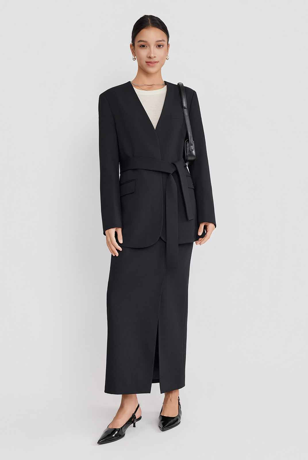 ASOBIO Belted V-Neck Structured Blazer