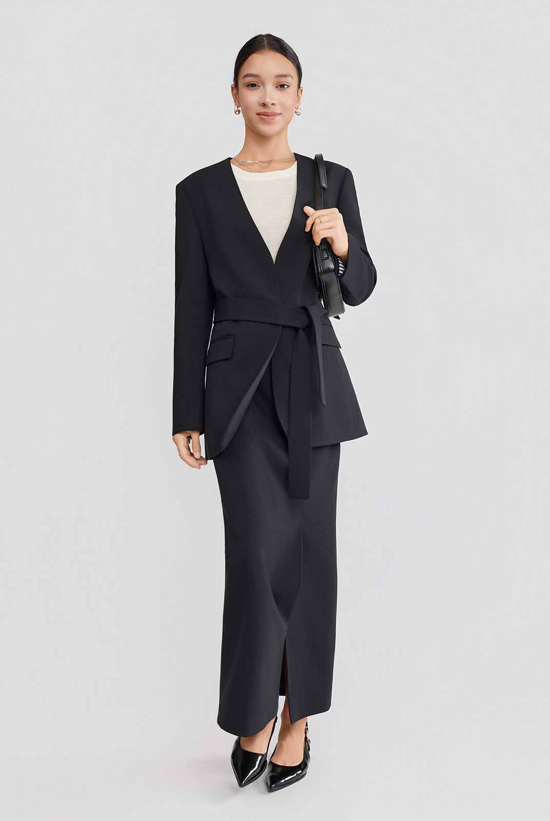 ASOBIO Belted V-Neck Structured Blazer