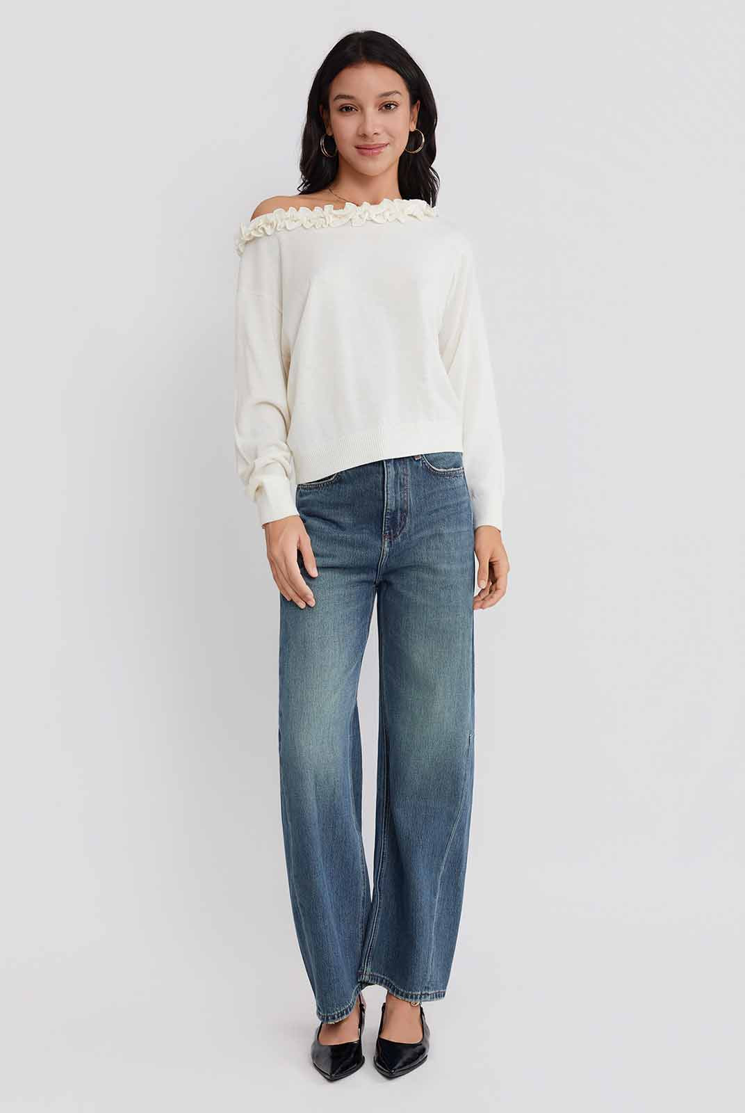 ASOBIO Wool Blend Ruffled Pullover Sweater