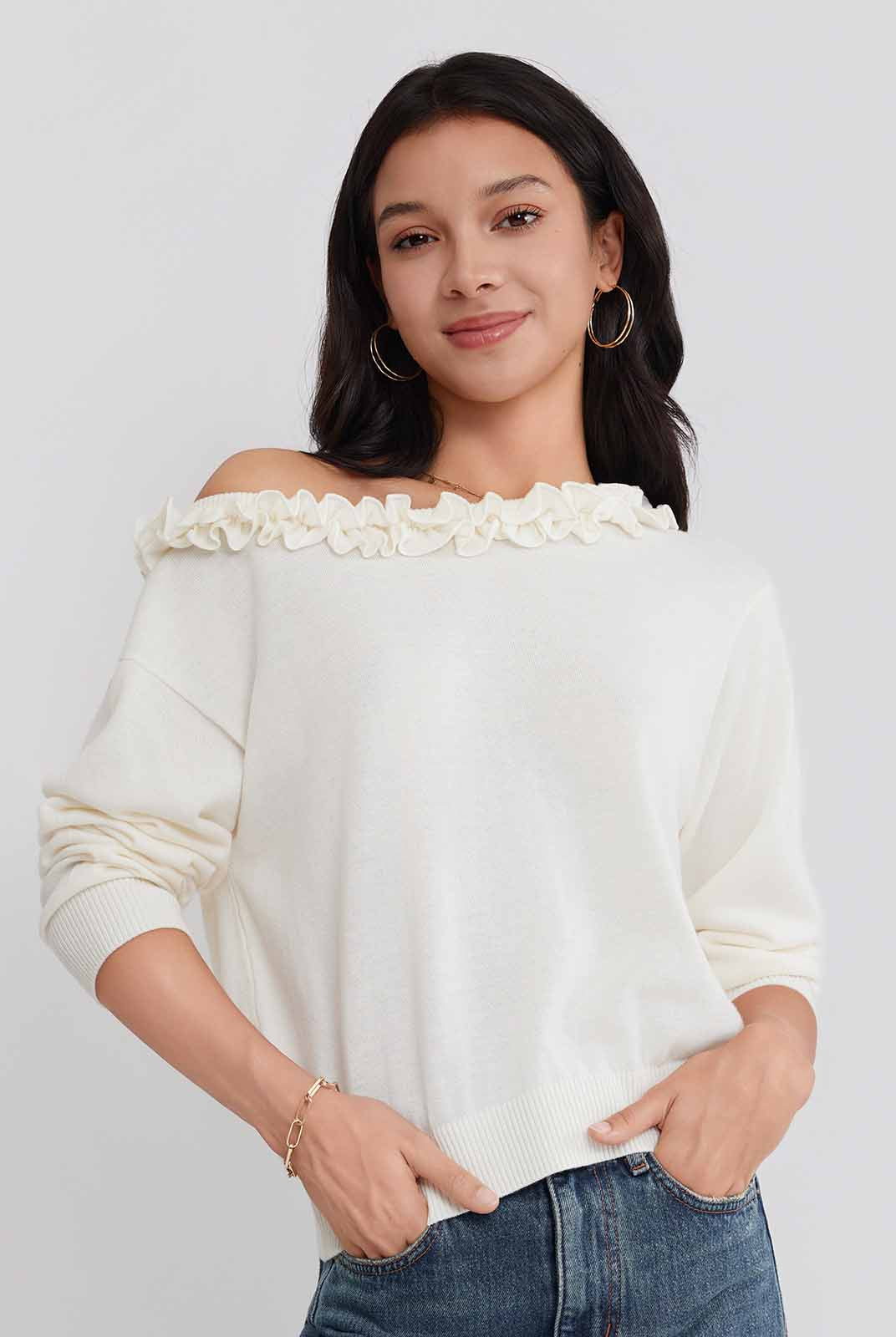 ASOBIO Wool Blend Ruffled Pullover Sweater