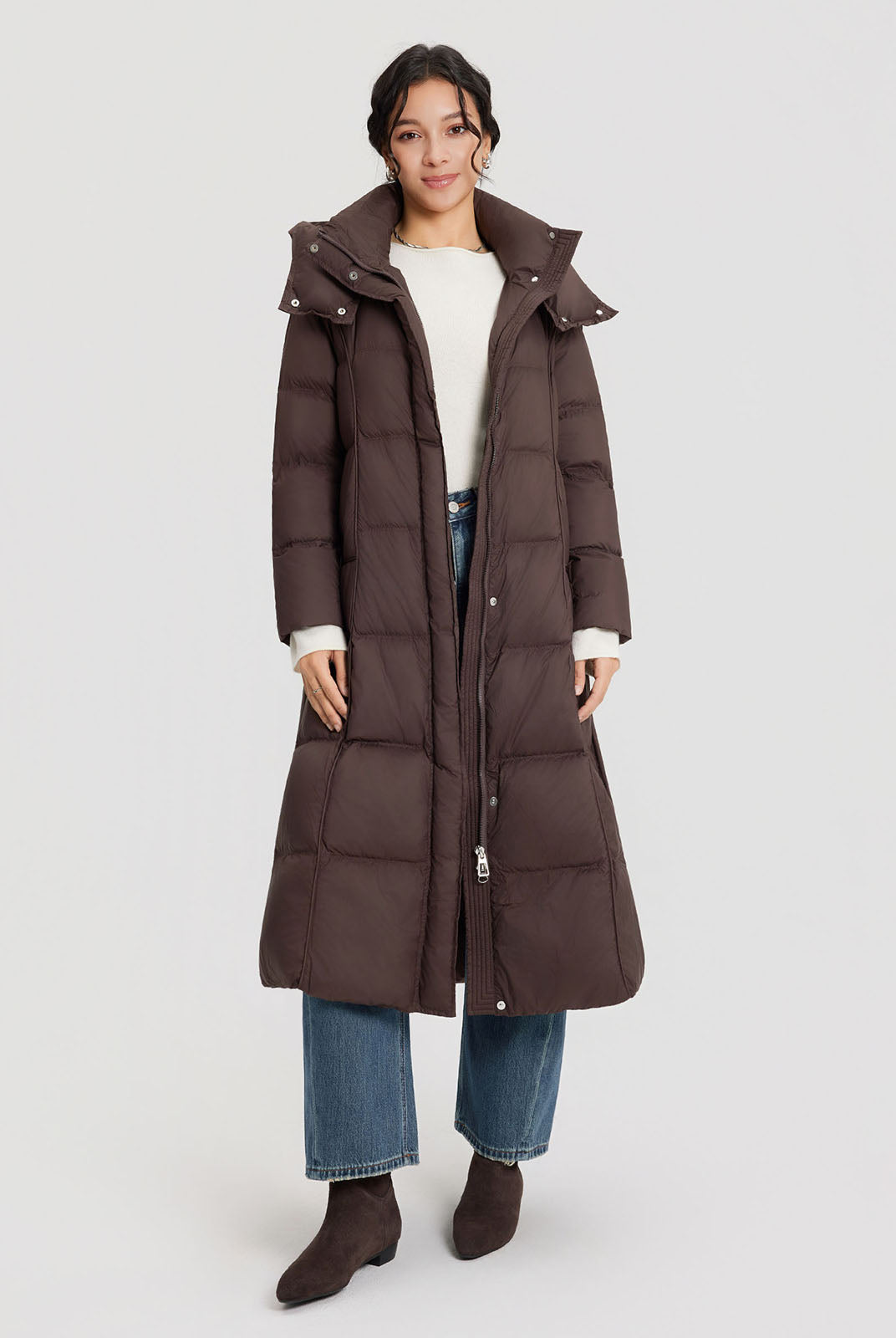 ASOBIO Belted Long Hooded Goose Down Puffer