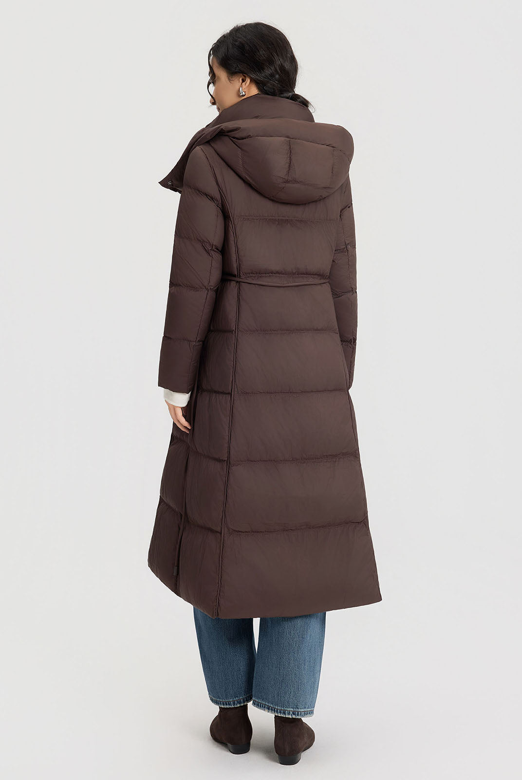 ASOBIO Belted Long Hooded Goose Down Puffer