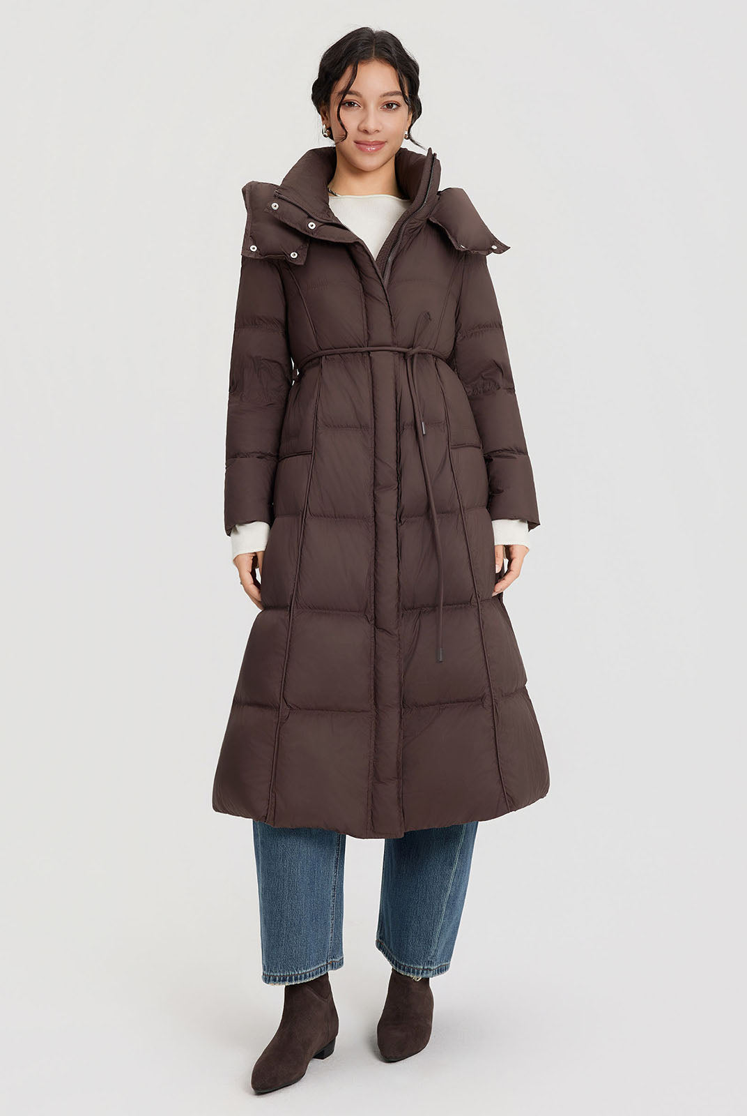 ASOBIO Belted Long Hooded Goose Down Puffer