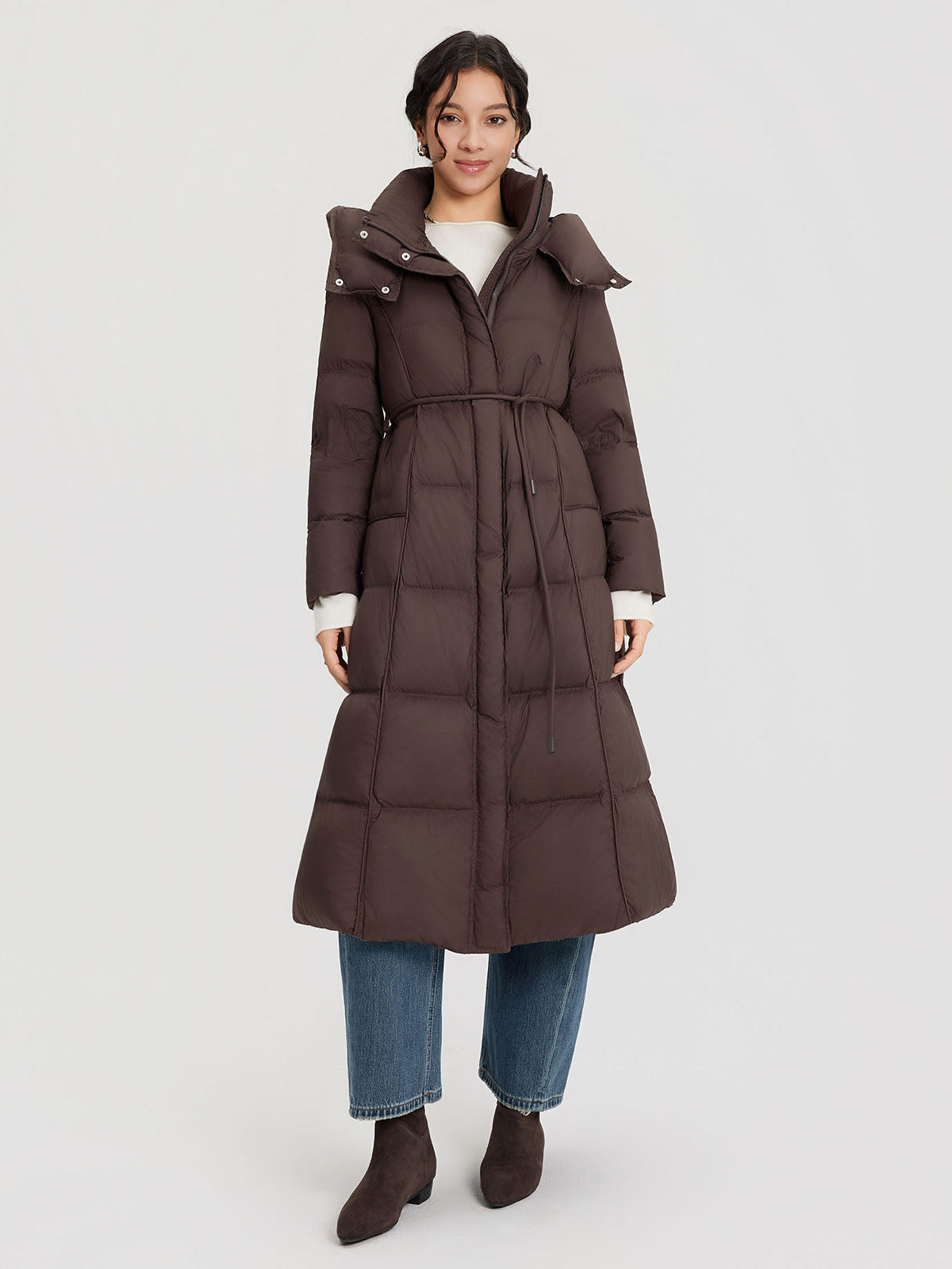 ASOBIO Belted Long Hooded Goose Down Puffer