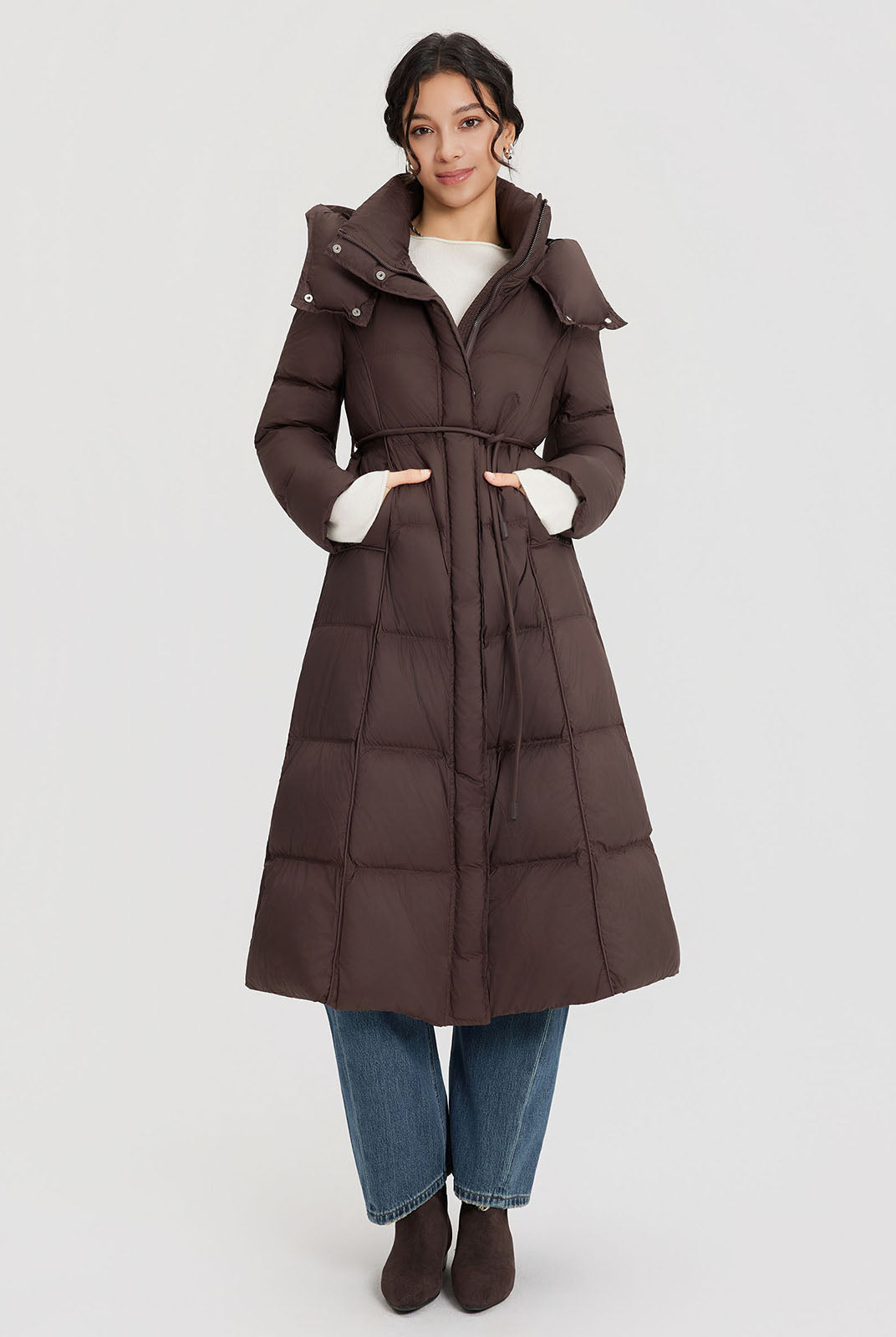 ASOBIO Belted Long Hooded Goose Down Puffer