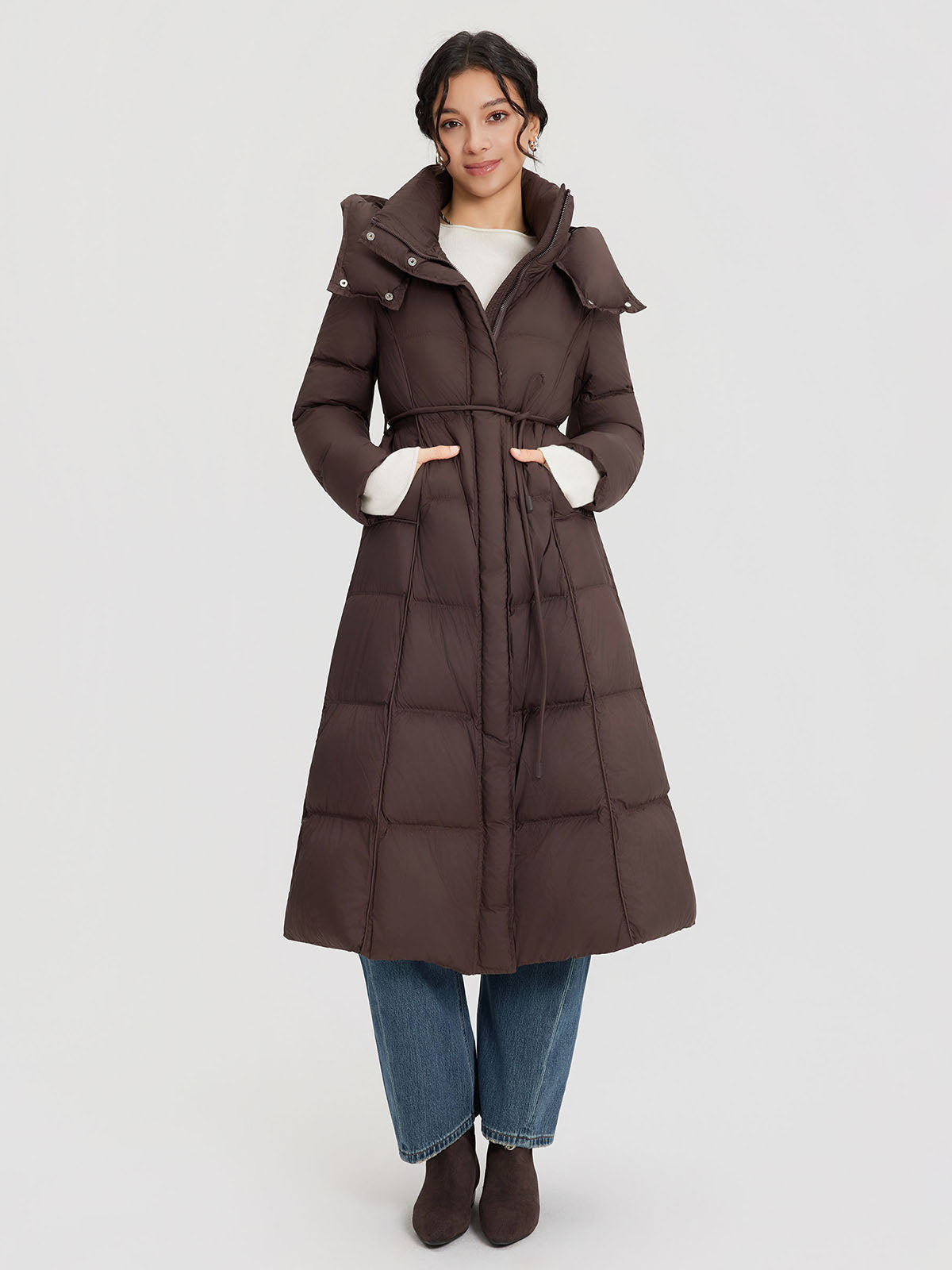 ASOBIO Belted Long Hooded Goose Down Puffer