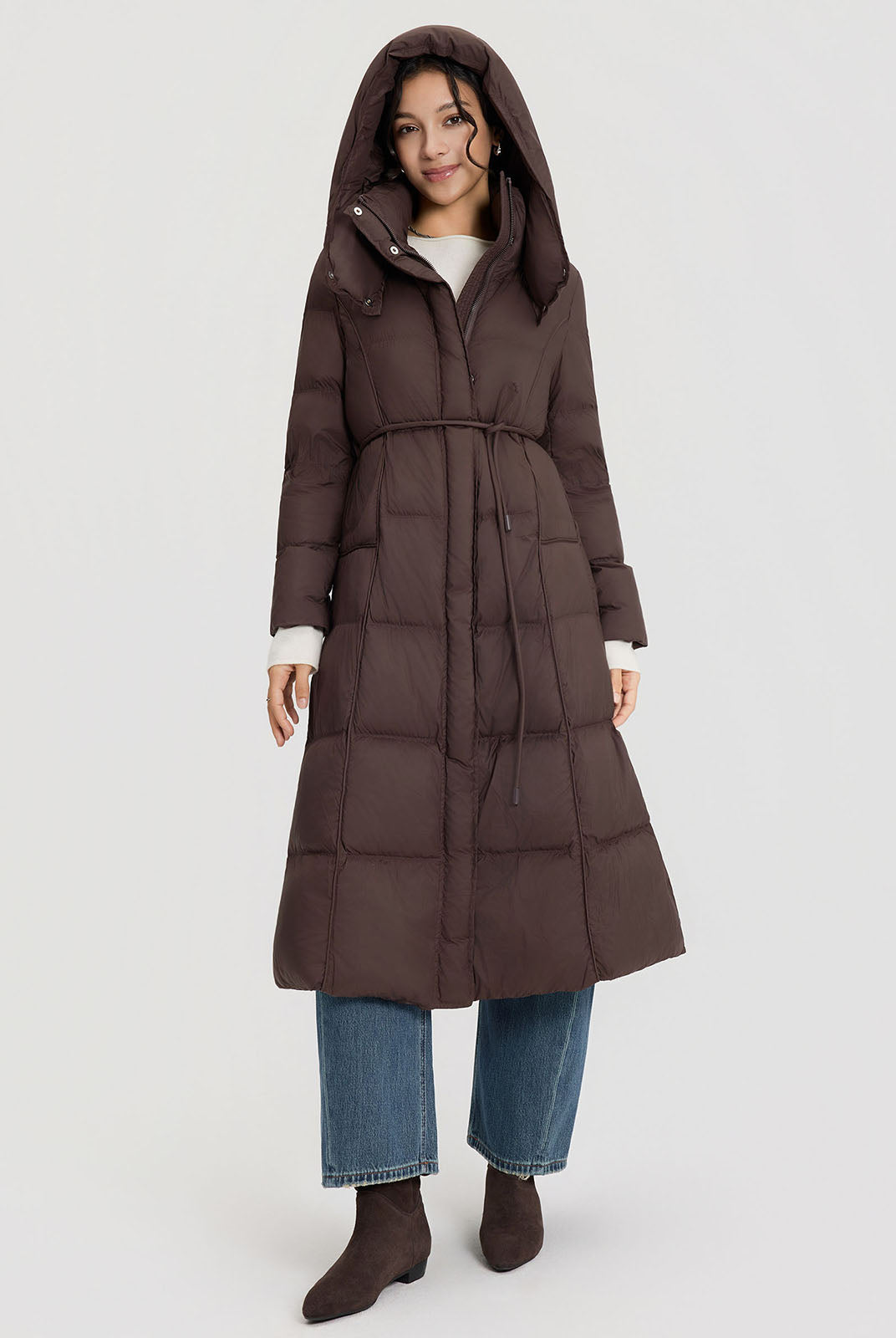 ASOBIO Belted Long Hooded Goose Down Puffer