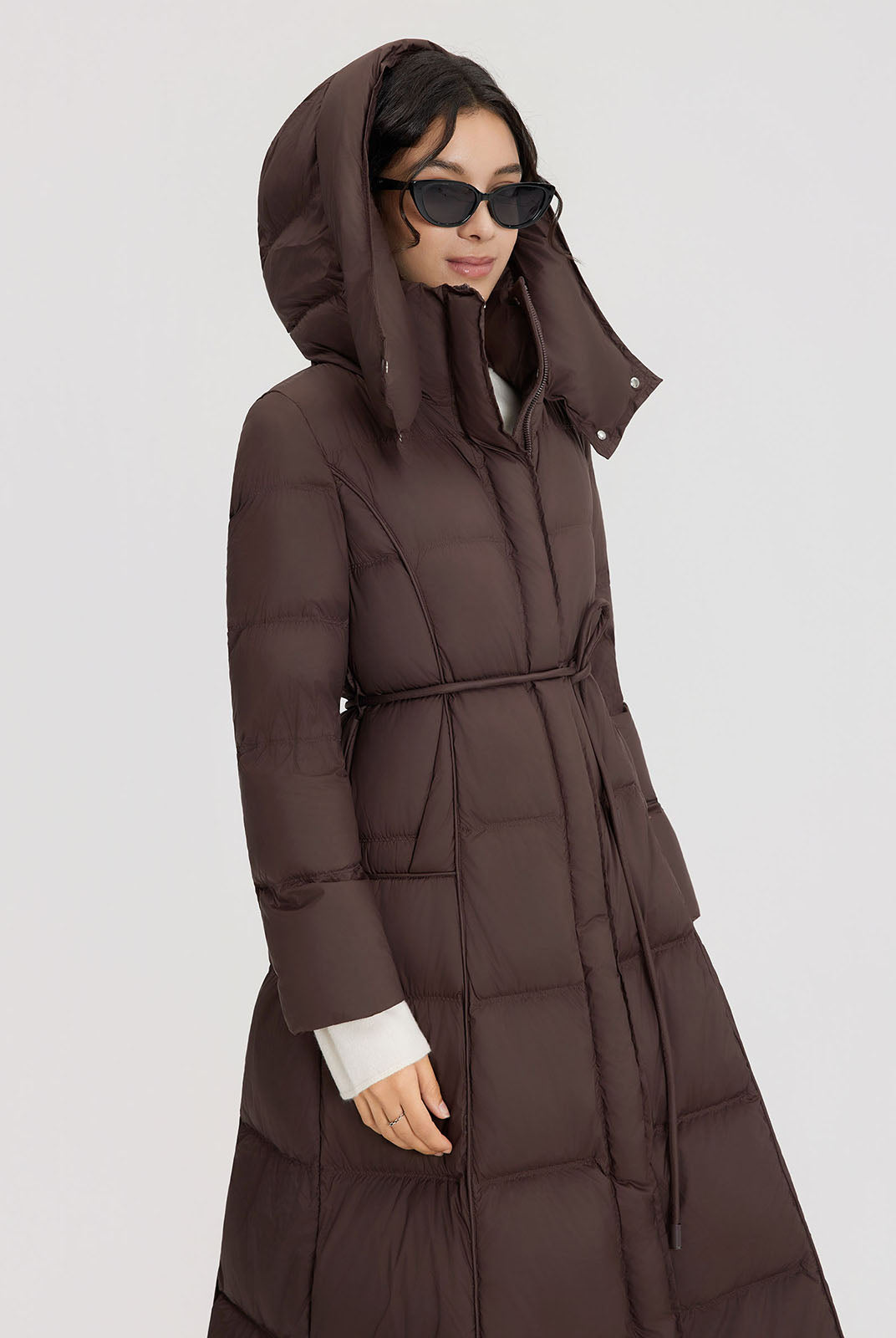 ASOBIO Belted Long Hooded Goose Down Puffer