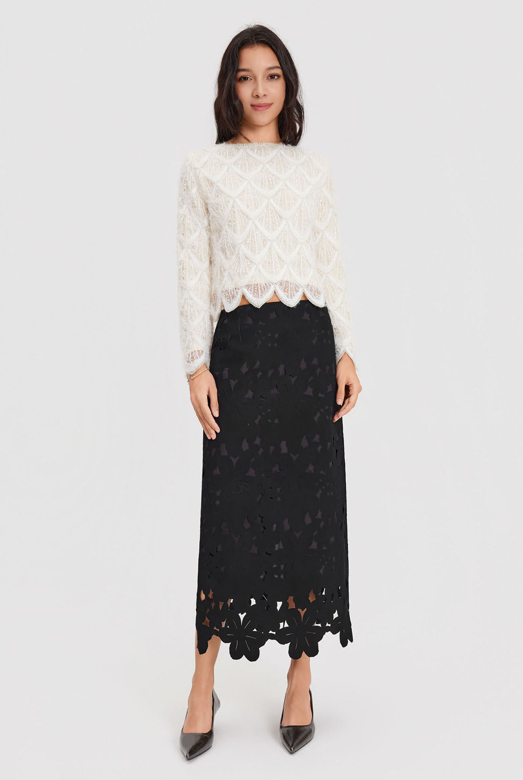 ASOBIO Feather-Trim Knit Cropped Sweater